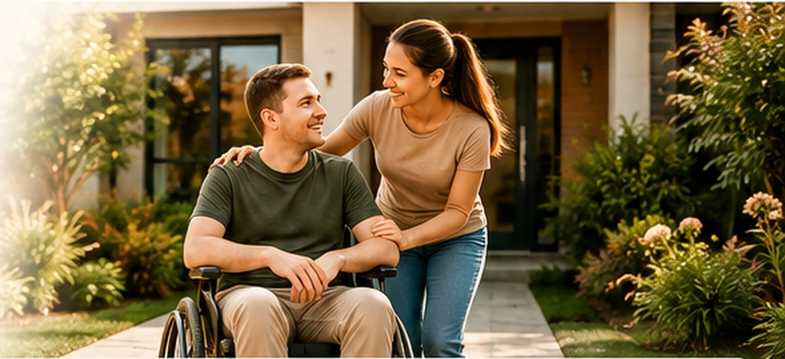 A man using a wheelchair and a woman standing beside him, smiling at each other on the garden path outside a home